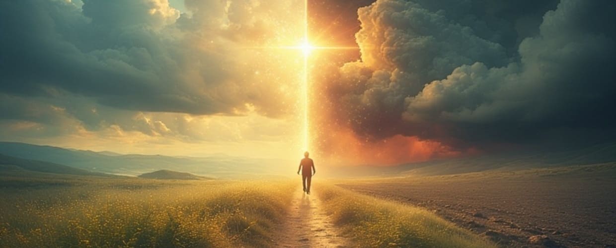 L'immagine ritrae un uomo che cammina in un sentiero verso la luce