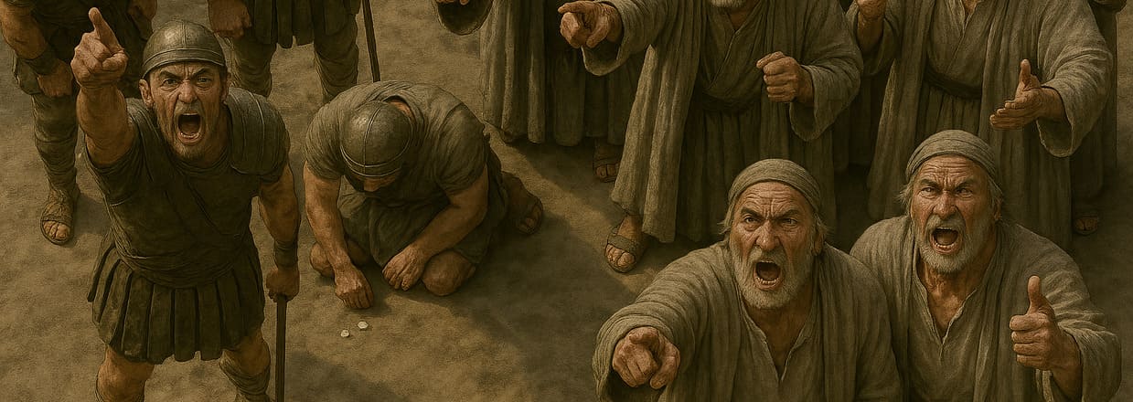 Soldati romani e farisei sotto la croce che inveiscono contro a Gesù