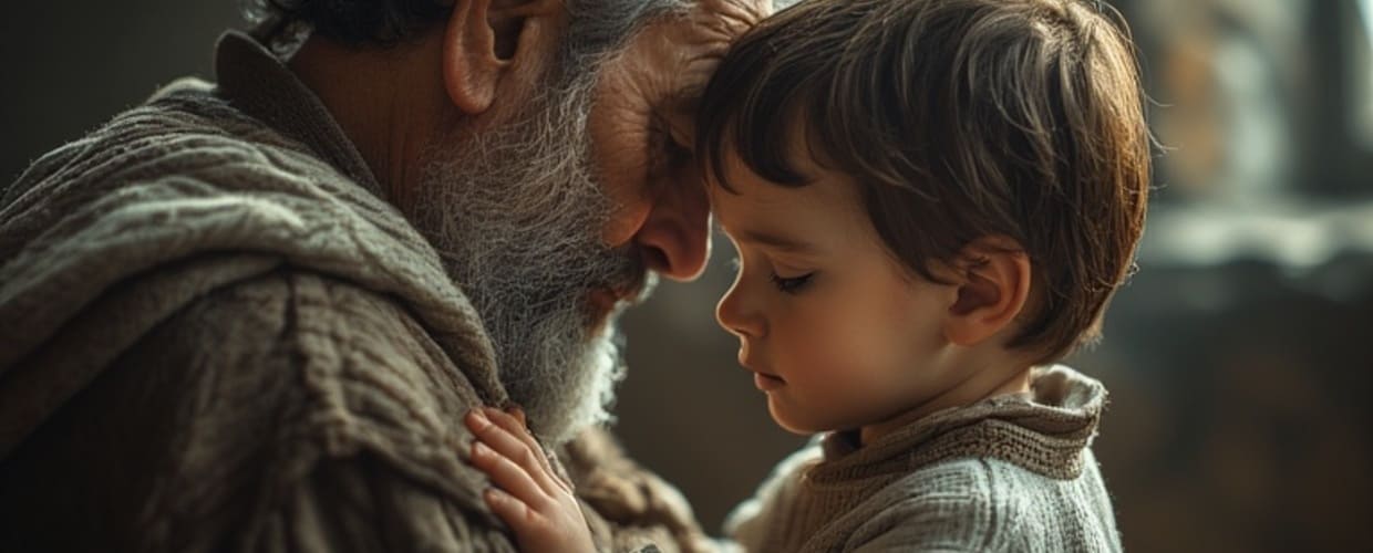 L'immagine ritrae un bimbo in braccio ad un uomo canuto