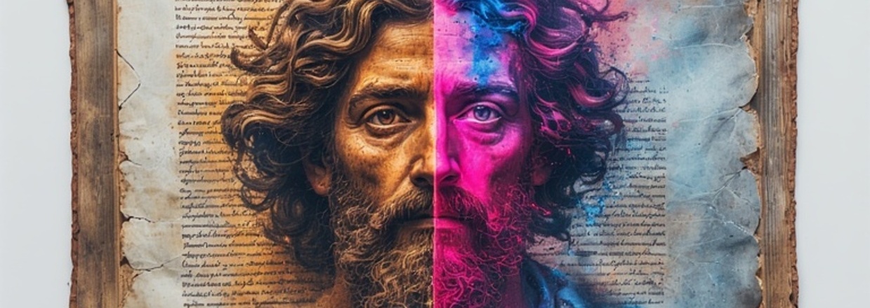 Immagine in primo piano del volto di un uomo che fuoriesce da un libro aperto.